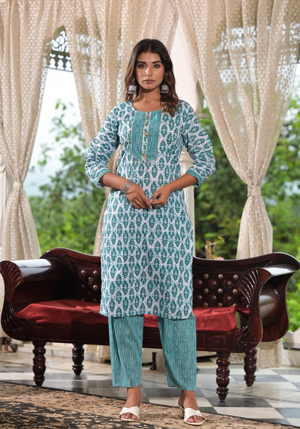 Juniper Women's Sea Green Ethnic Motif Printed Cotton Kurta, Pant And Dupatta Set With Lace & Buttons | Grocsy