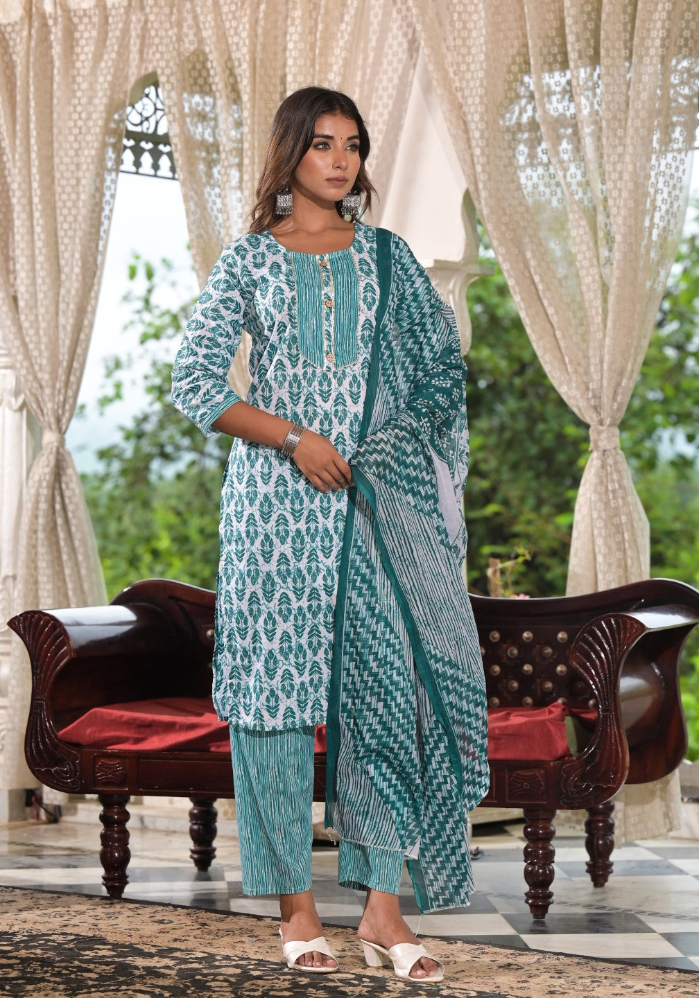 Juniper Women's Sea Green Ethnic Motif Printed Cotton Kurta, Pant And Dupatta Set With Lace & Buttons | Grocsy