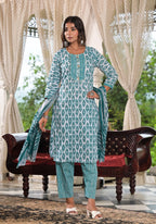 Juniper Women's Sea Green Ethnic Motif Printed Cotton Kurta, Pant And Dupatta Set With Lace & Buttons | Grocsy