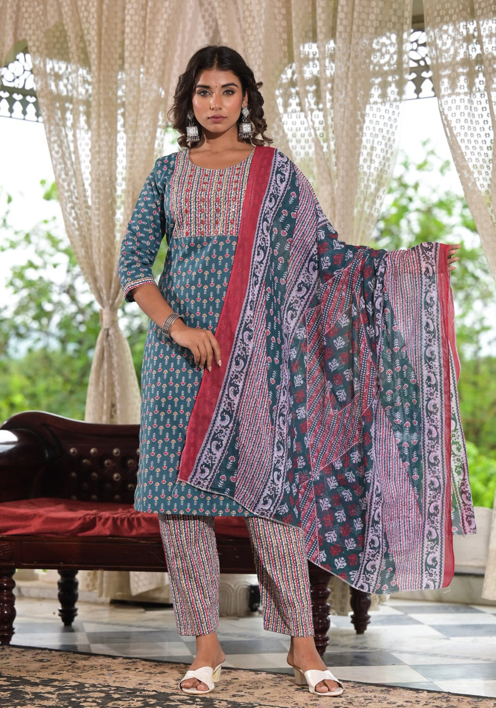 Juniper Women's Teal Blue Ethnic Motif Printed Cotton Kurta, Pant And Dupatta Set With Zari & Thread Work | Grocsy