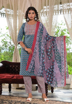Juniper Women's Teal Blue Ethnic Motif Printed Cotton Kurta, Pant And Dupatta Set With Zari & Thread Work | Grocsy