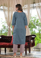 Juniper Women's Teal Blue Ethnic Motif Printed Cotton Kurta, Pant And Dupatta Set With Zari & Thread Work | Grocsy