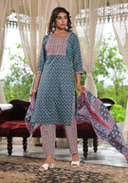 Juniper Women's Teal Blue Ethnic Motif Printed Cotton Kurta, Pant And Dupatta Set With Zari & Thread Work | Grocsy