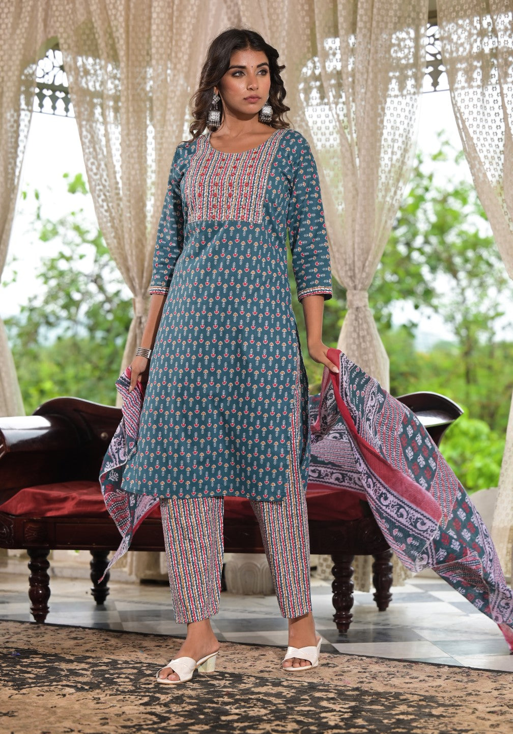 Juniper Women's Teal Blue Ethnic Motif Printed Cotton Kurta, Pant And Dupatta Set With Zari & Thread Work | Grocsy
