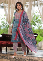 Juniper Women's Teal Blue Ethnic Motif Printed Cotton Kurta, Pant And Dupatta Set With Zari & Thread Work | Grocsy