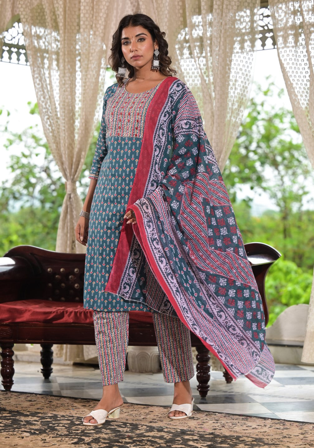 Juniper Women's Teal Blue Ethnic Motif Printed Cotton Kurta, Pant And Dupatta Set With Zari & Thread Work | Grocsy