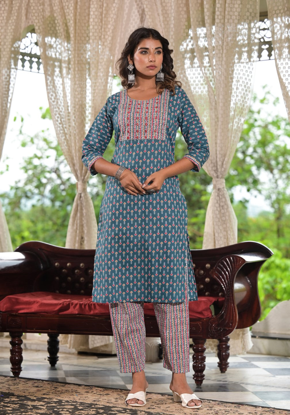Juniper Women's Teal Blue Ethnic Motif Printed Cotton Kurta, Pant And Dupatta Set With Zari & Thread Work | Grocsy