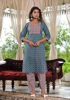 Juniper Women's Teal Blue Ethnic Motif Printed Cotton Kurta, Pant And Dupatta Set With Zari & Thread Work | Grocsy