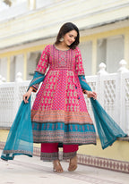 Juniper Women's Pink Viscose Rayon Printed Kurta Set | Grocsy