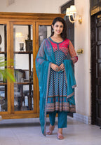 Juniper Women's Teal Ethnic Motif Printed Rayon Kurta Set With Thread & Mirror Work | Grocsy