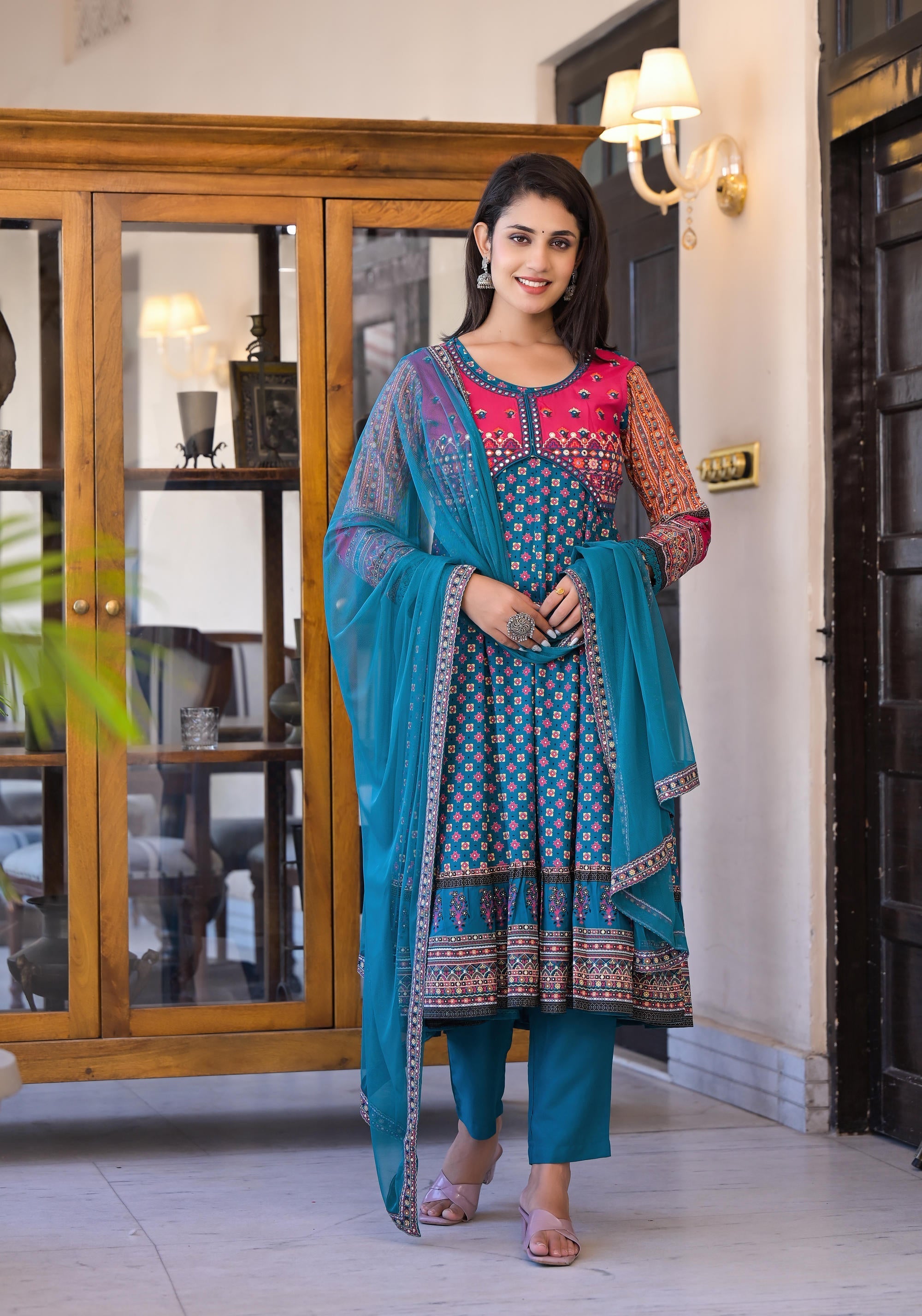Juniper Women's Teal Ethnic Motif Printed Rayon Kurta Set With Thread & Mirror Work | Grocsy