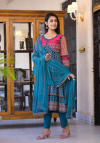 Juniper Women's Teal Ethnic Motif Printed Rayon Kurta Set With Thread & Mirror Work | Grocsy