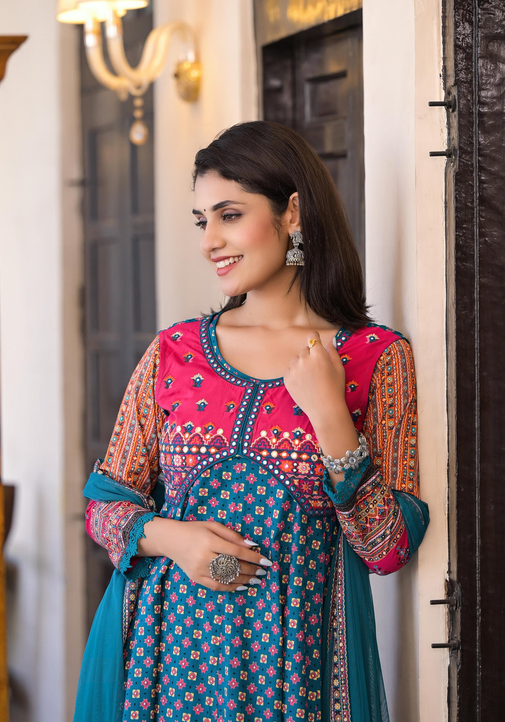 Juniper Women's Teal Ethnic Motif Printed Rayon Kurta Set With Thread & Mirror Work | Grocsy
