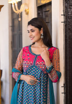 Juniper Women's Teal Ethnic Motif Printed Rayon Kurta Set With Thread & Mirror Work | Grocsy