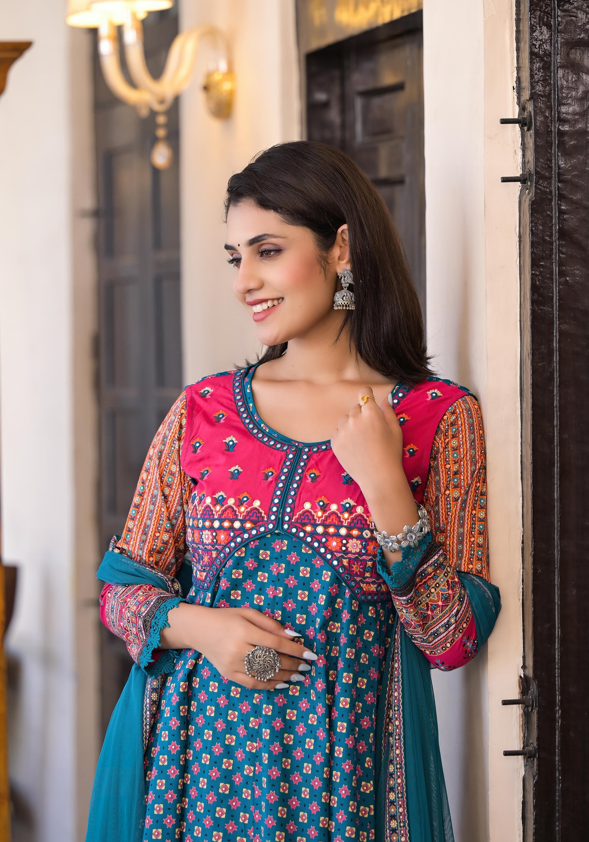 Juniper Women's Teal Ethnic Motif Printed Rayon Kurta Set With Thread & Mirror Work | Grocsy