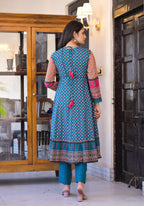 Juniper Women's Teal Ethnic Motif Printed Rayon Kurta Set With Thread & Mirror Work | Grocsy