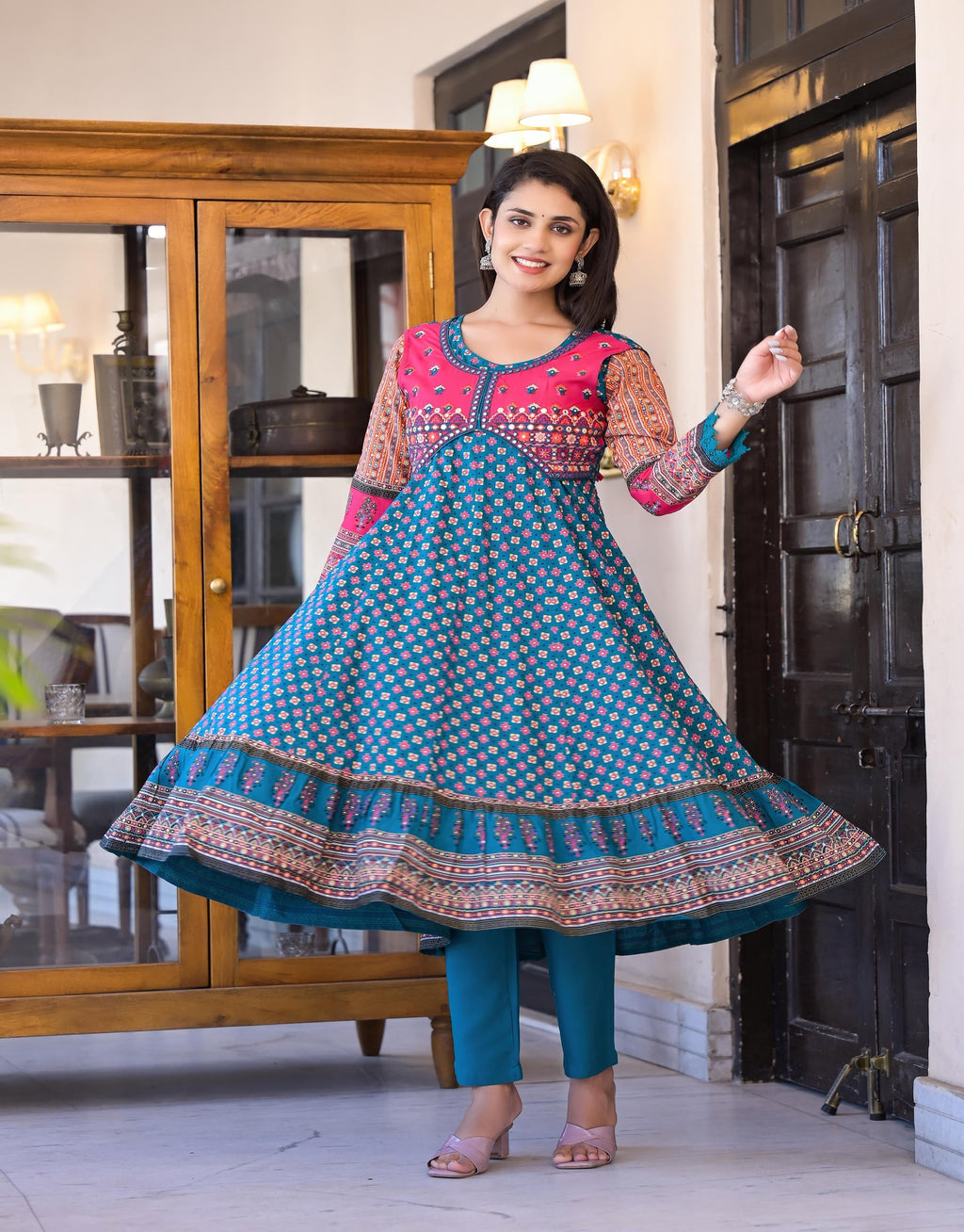 Juniper Women's Teal Ethnic Motif Printed Rayon Kurta Set With Thread & Mirror Work | Grocsy