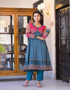 Juniper Women's Teal Ethnic Motif Printed Rayon Kurta Set With Thread & Mirror Work | Grocsy