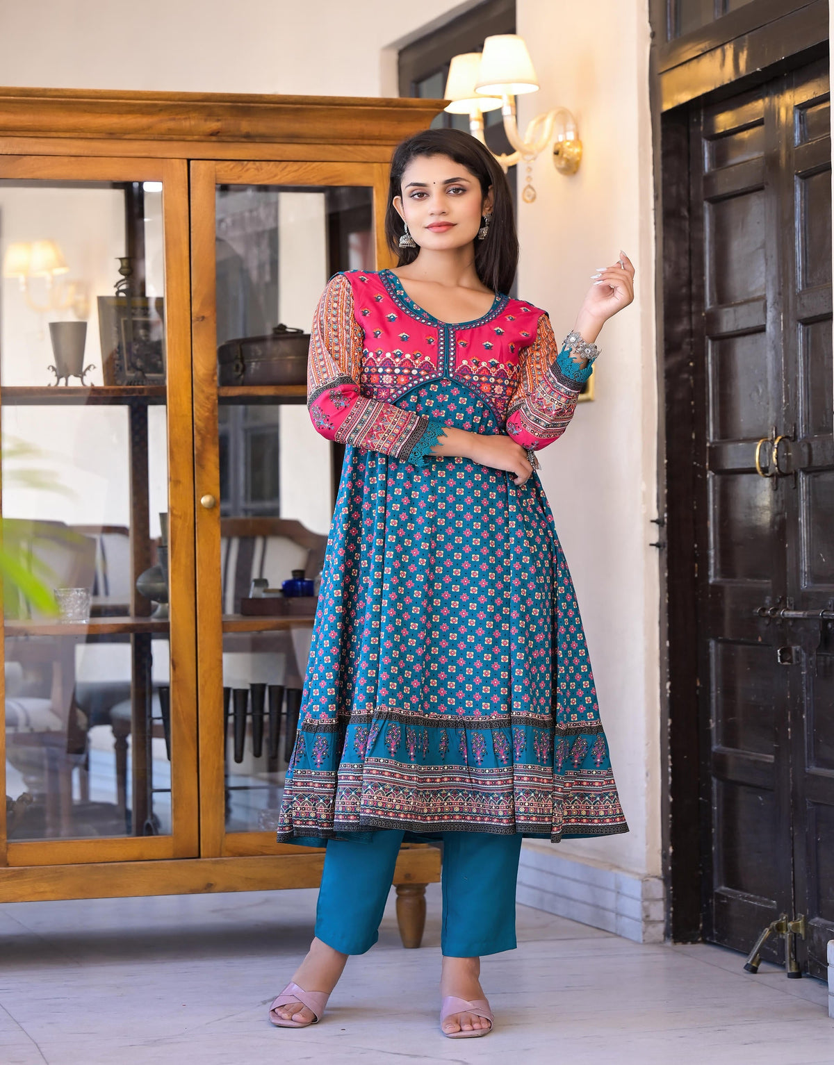 Juniper Women's Teal Ethnic Motif Printed Rayon Kurta Set With Thread & Mirror Work | Grocsy