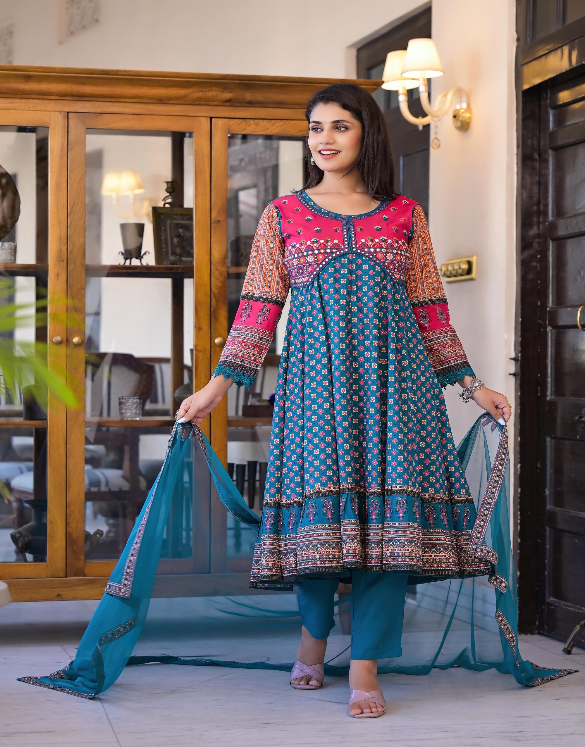 Juniper Women's Teal Ethnic Motif Printed Rayon Kurta Set With Thread & Mirror Work | Grocsy