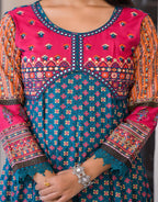 Juniper Women's Teal Ethnic Motif Printed Rayon Kurta Set With Thread & Mirror Work | Grocsy