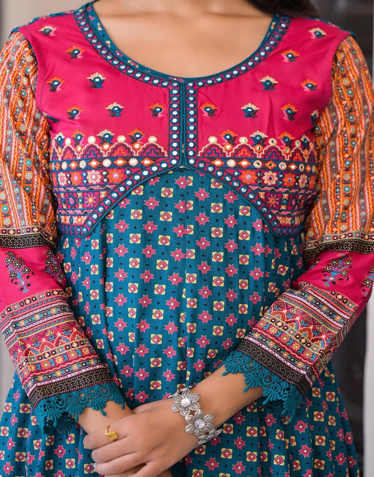 Juniper Women's Teal Ethnic Motif Printed Rayon Kurta Set With Thread & Mirror Work | Grocsy
