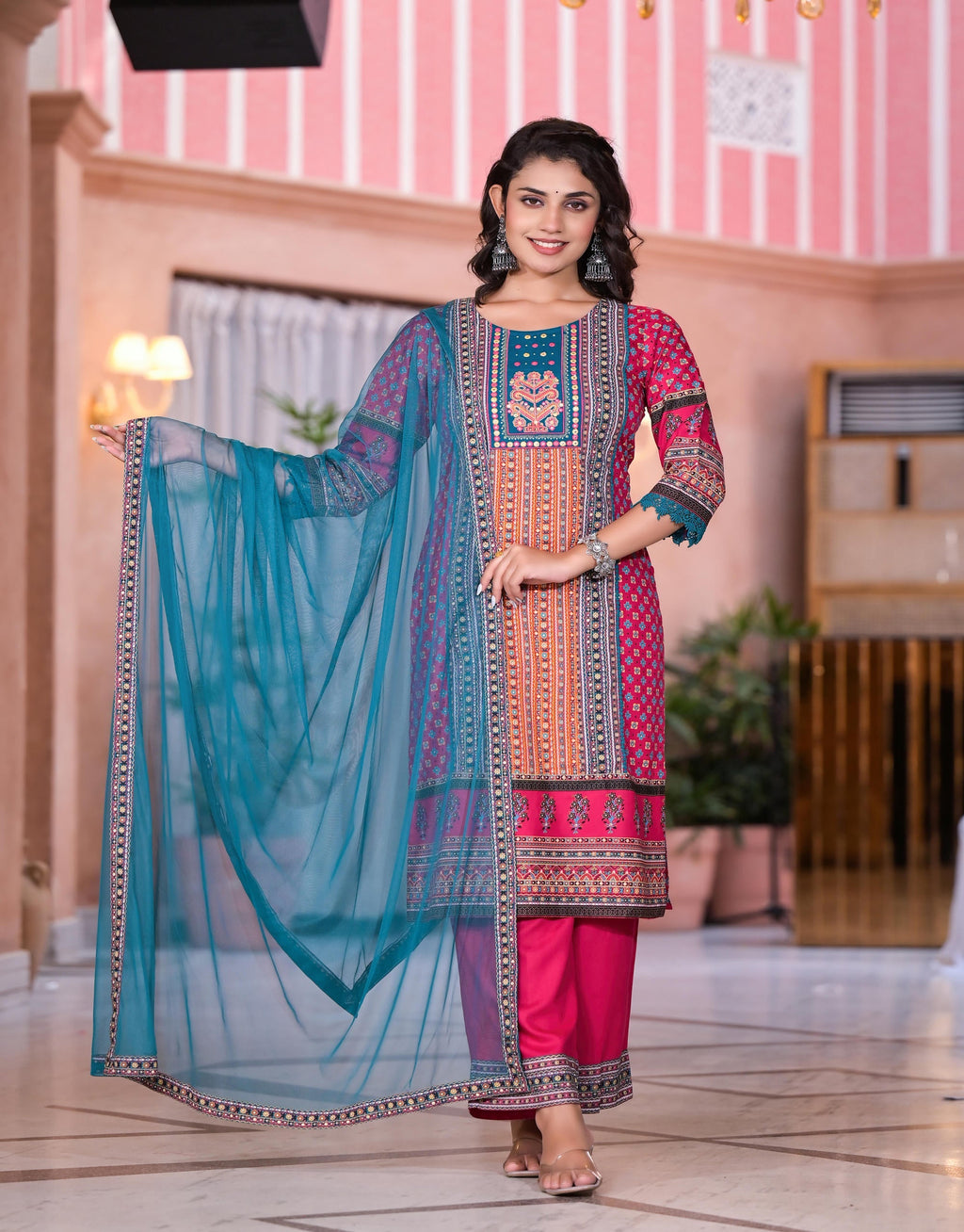 Juniper Women's Fuchsia Ethnic Motif Printed Rayon Kurta Set With Thread & Mirror Work | Grocsy
