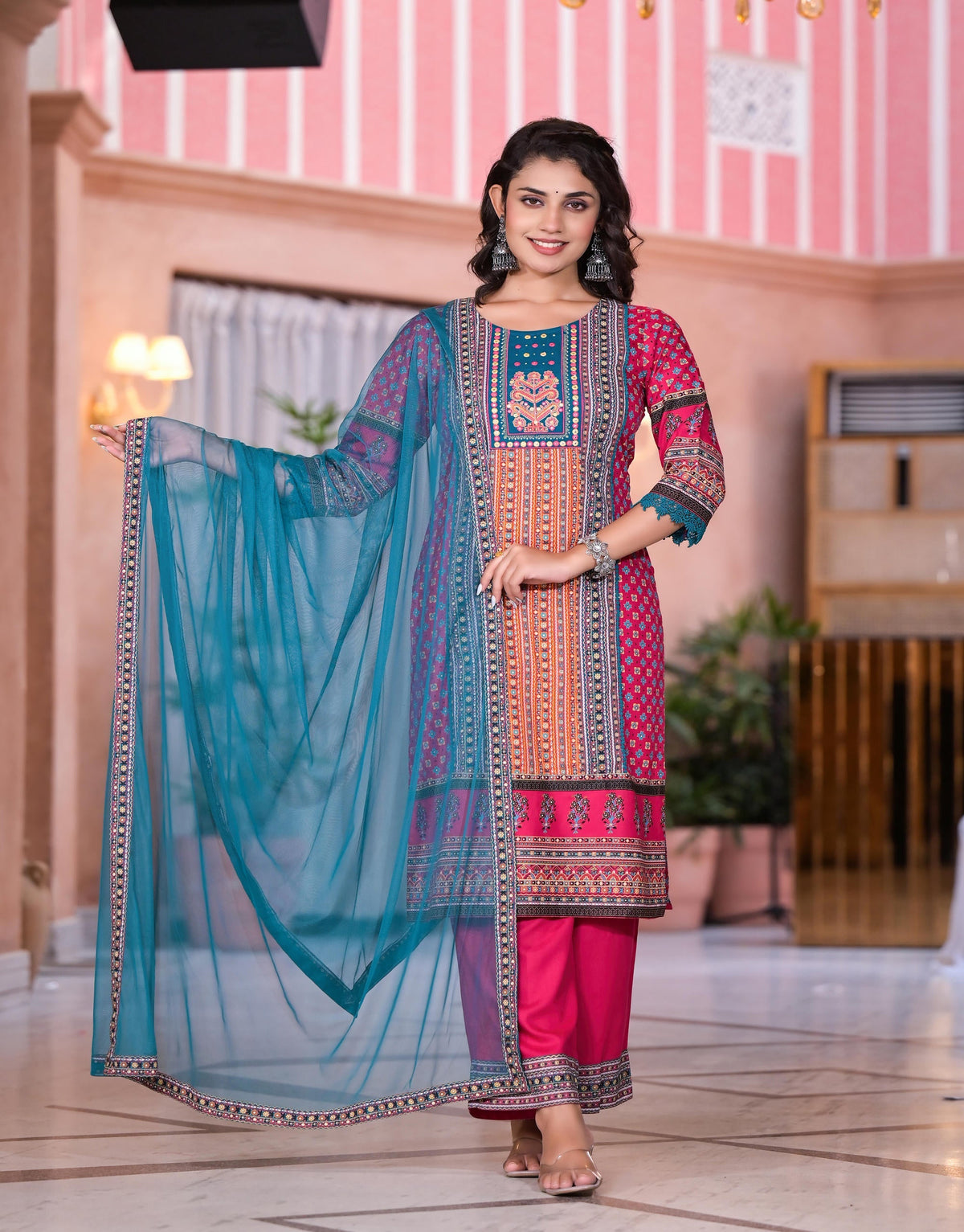 Juniper Women's Fuchsia Ethnic Motif Printed Rayon Kurta Set With Thread & Mirror Work | Grocsy