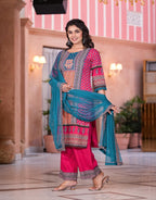 Juniper Women's Fuchsia Ethnic Motif Printed Rayon Kurta Set With Thread & Mirror Work | Grocsy