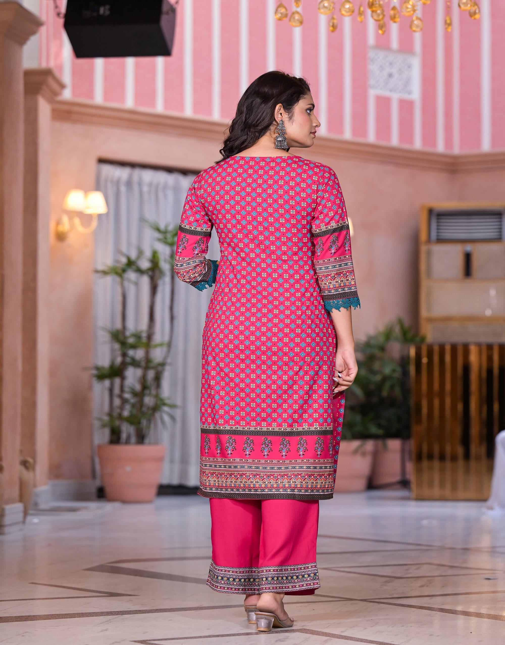 Juniper Women's Fuchsia Ethnic Motif Printed Rayon Kurta Set With Thread & Mirror Work | Grocsy
