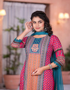 Juniper Women's Fuchsia Ethnic Motif Printed Rayon Kurta Set With Thread & Mirror Work | Grocsy