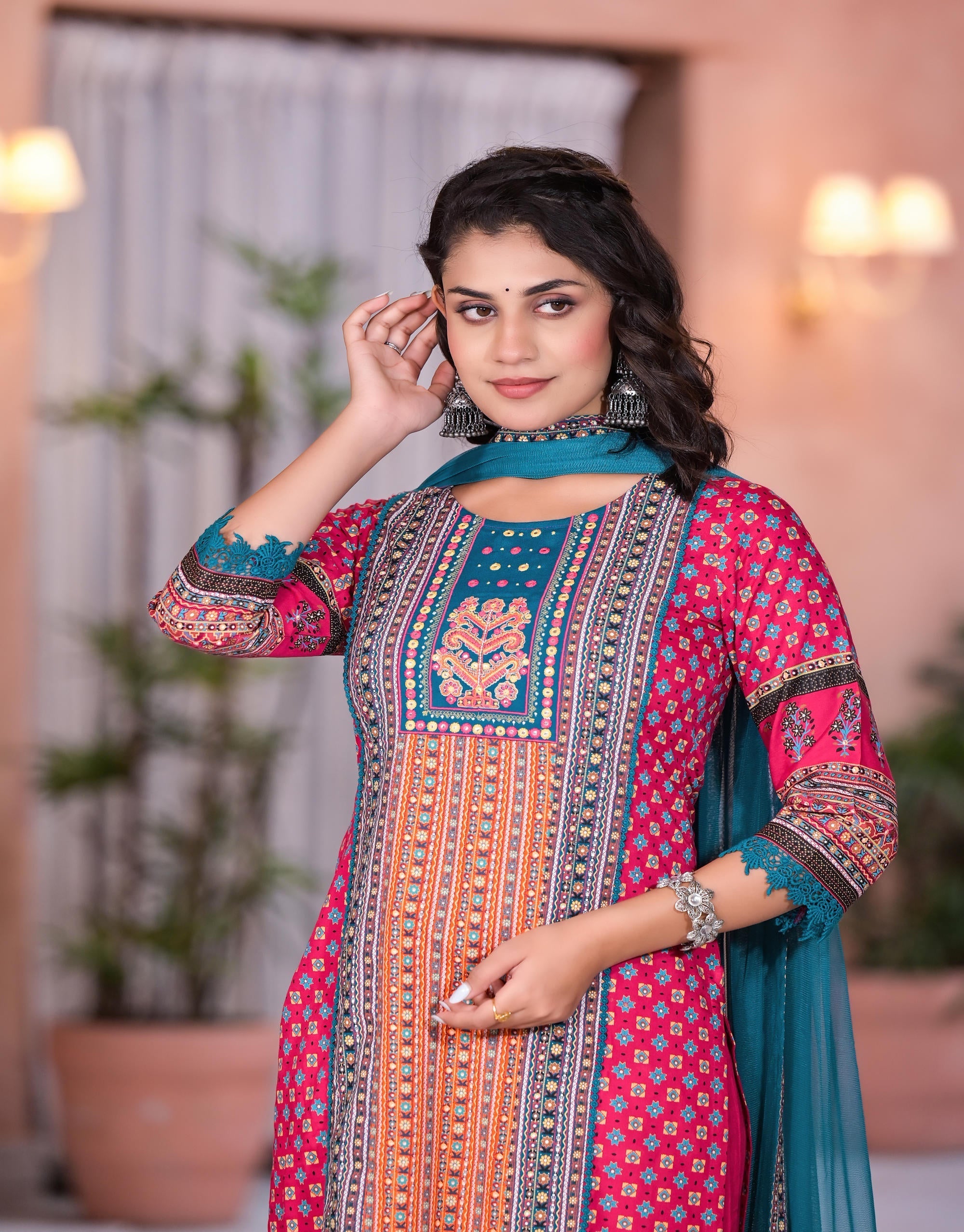 Juniper Women's Fuchsia Ethnic Motif Printed Rayon Kurta Set With Thread & Mirror Work | Grocsy