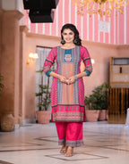 Juniper Women's Fuchsia Ethnic Motif Printed Rayon Kurta Set With Thread & Mirror Work | Grocsy