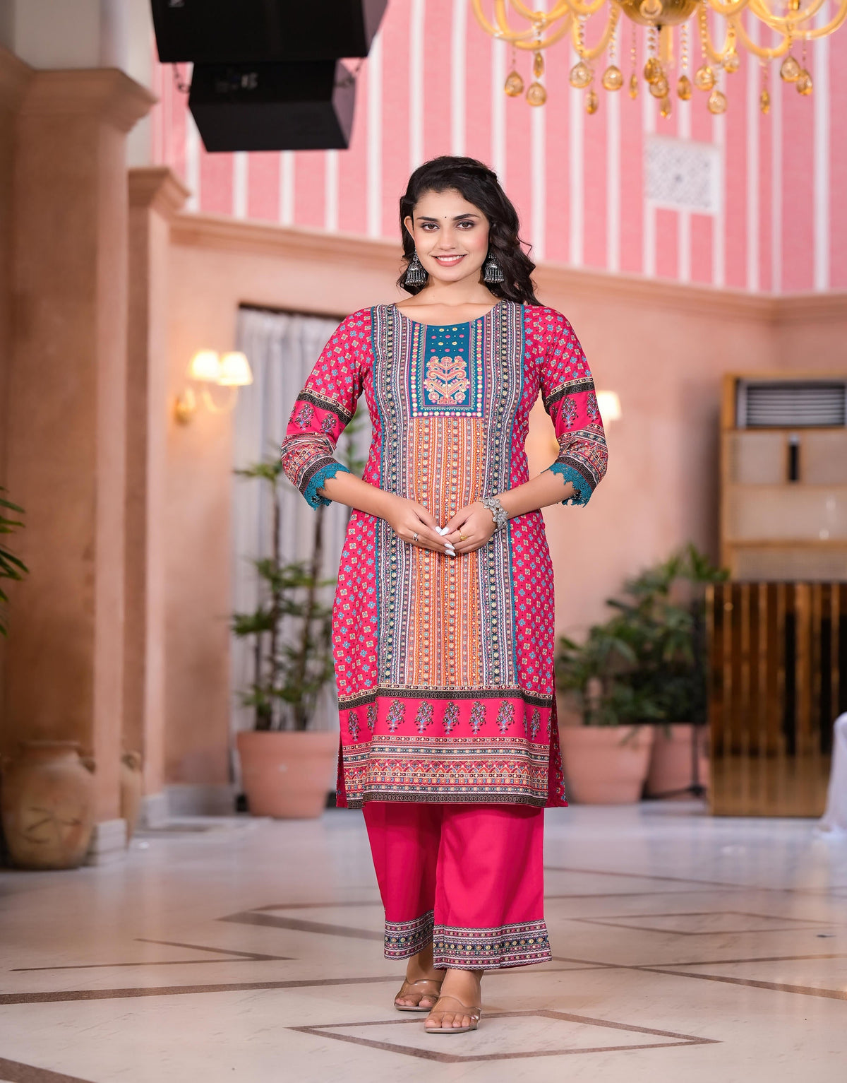 Juniper Women's Fuchsia Ethnic Motif Printed Rayon Kurta Set With Thread & Mirror Work | Grocsy