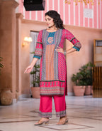 Juniper Women's Fuchsia Ethnic Motif Printed Rayon Kurta Set With Thread & Mirror Work | Grocsy