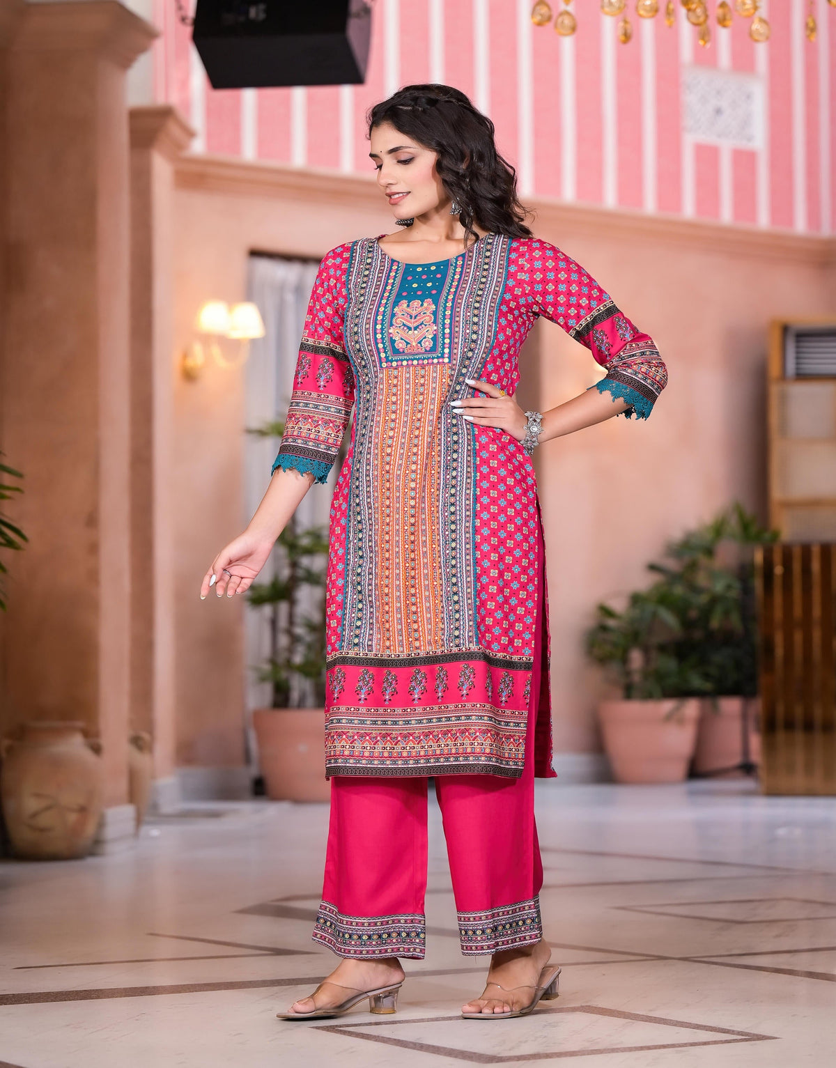 Juniper Women's Fuchsia Ethnic Motif Printed Rayon Kurta Set With Thread & Mirror Work | Grocsy