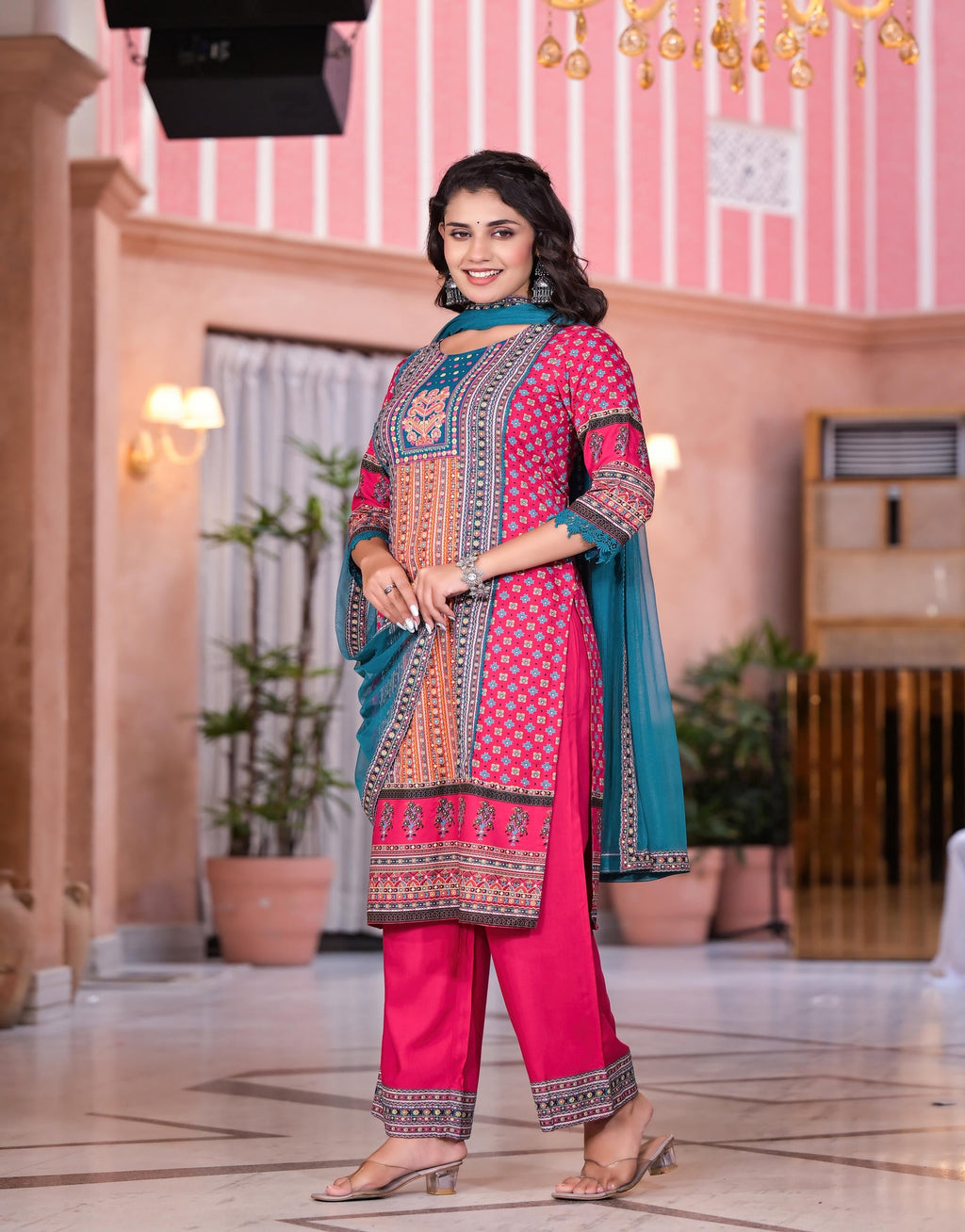 Juniper Women's Fuchsia Ethnic Motif Printed Rayon Kurta Set With Thread & Mirror Work | Grocsy