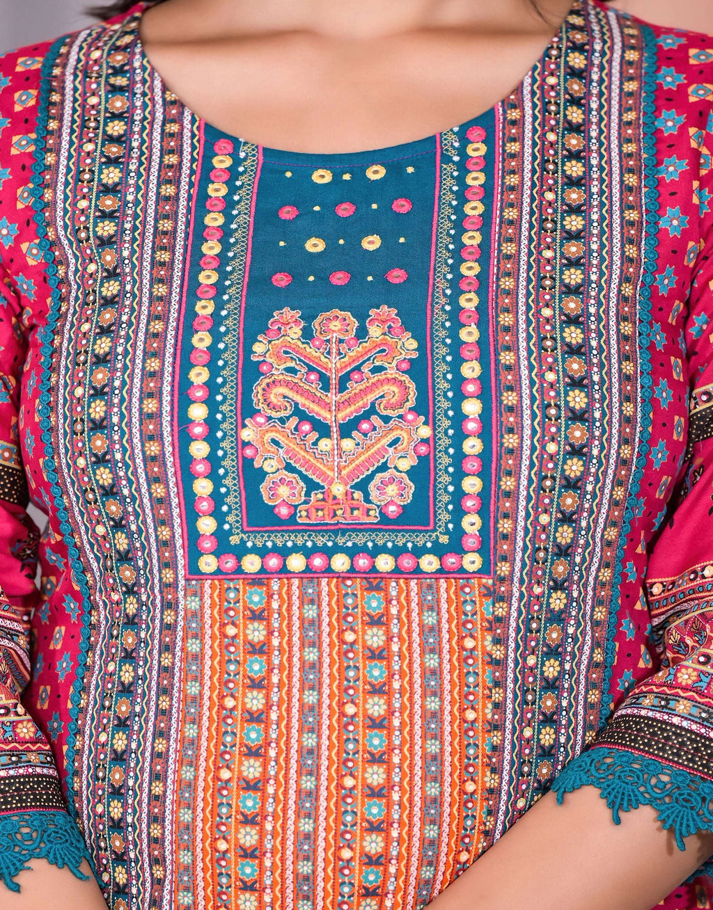 Juniper Women's Fuchsia Ethnic Motif Printed Rayon Kurta Set With Thread & Mirror Work | Grocsy
