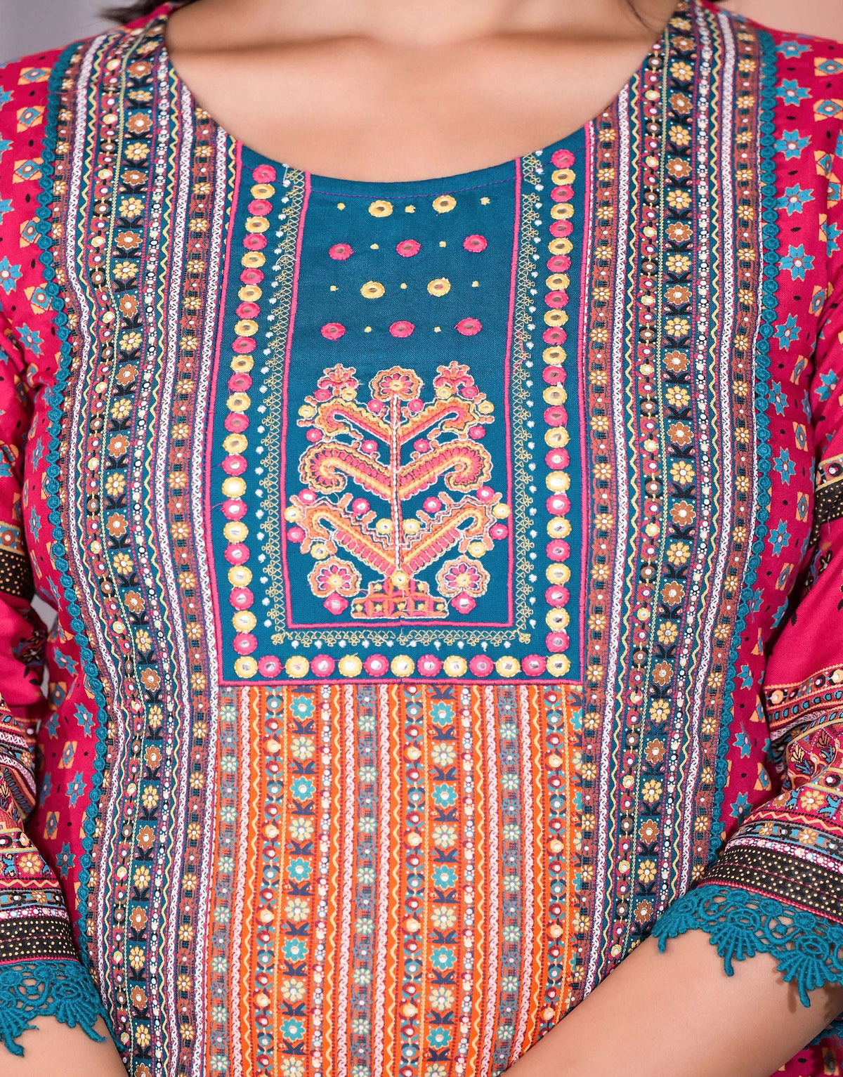 Juniper Women's Fuchsia Ethnic Motif Printed Rayon Kurta Set With Thread & Mirror Work | Grocsy