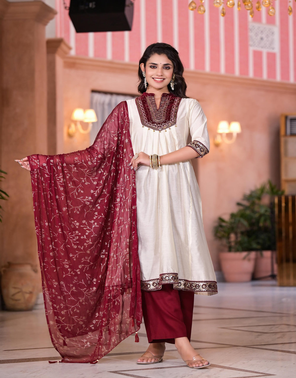 Juniper Women's Ivory Zari Embroidered Chanderi Kurta Set With Sequins & Beads | Grocsy