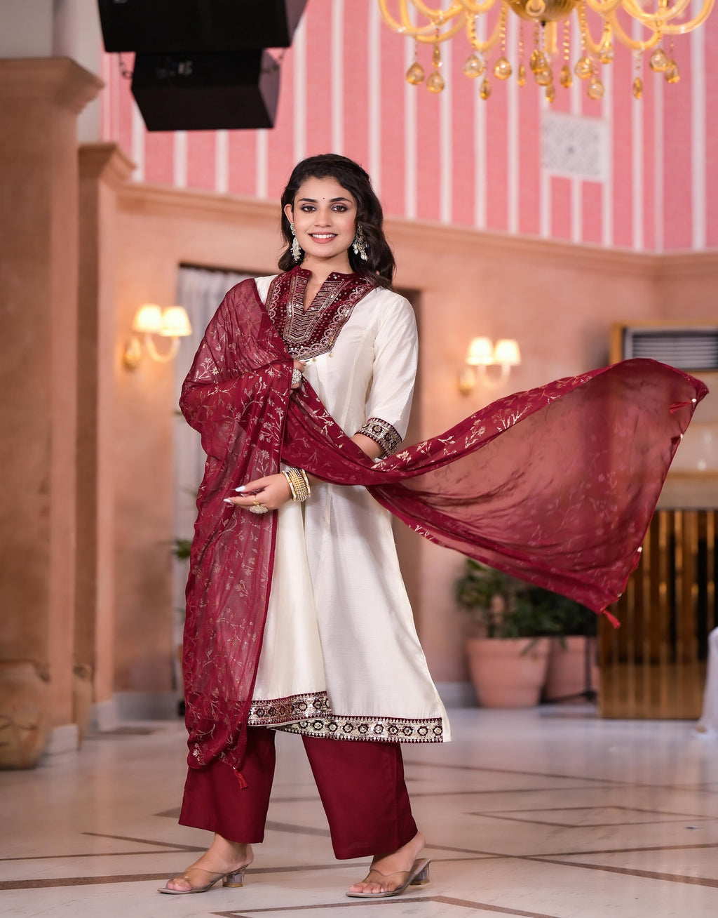 Juniper Women's Ivory Zari Embroidered Chanderi Kurta Set With Sequins & Beads | Grocsy