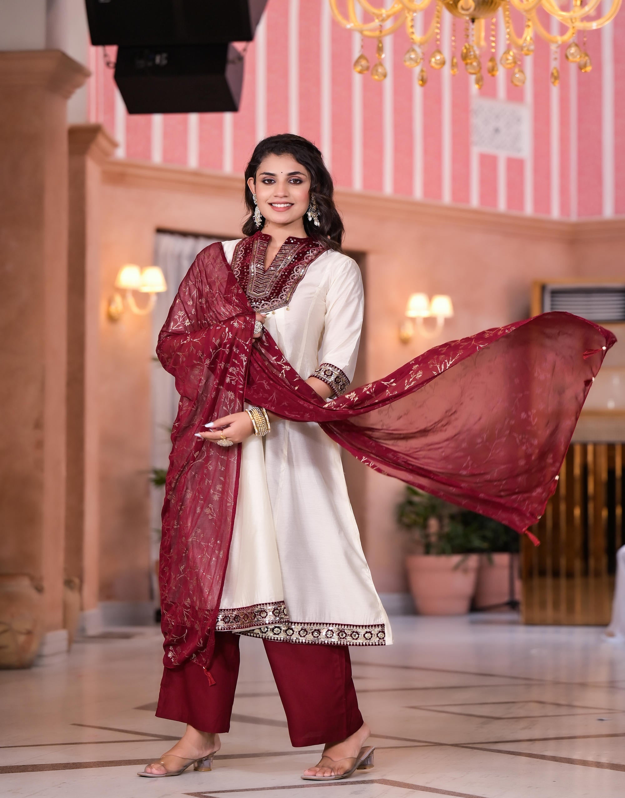 Juniper Women's Ivory Zari Embroidered Chanderi Kurta Set With Sequins & Beads | Grocsy