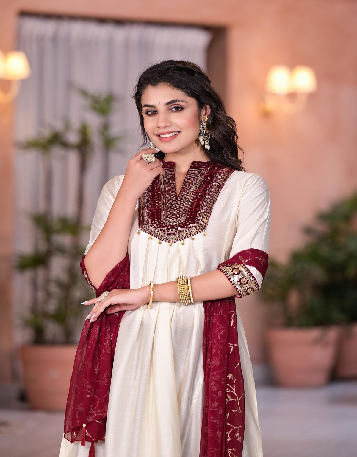 Juniper Women's Ivory Zari Embroidered Chanderi Kurta Set With Sequins & Beads | Grocsy