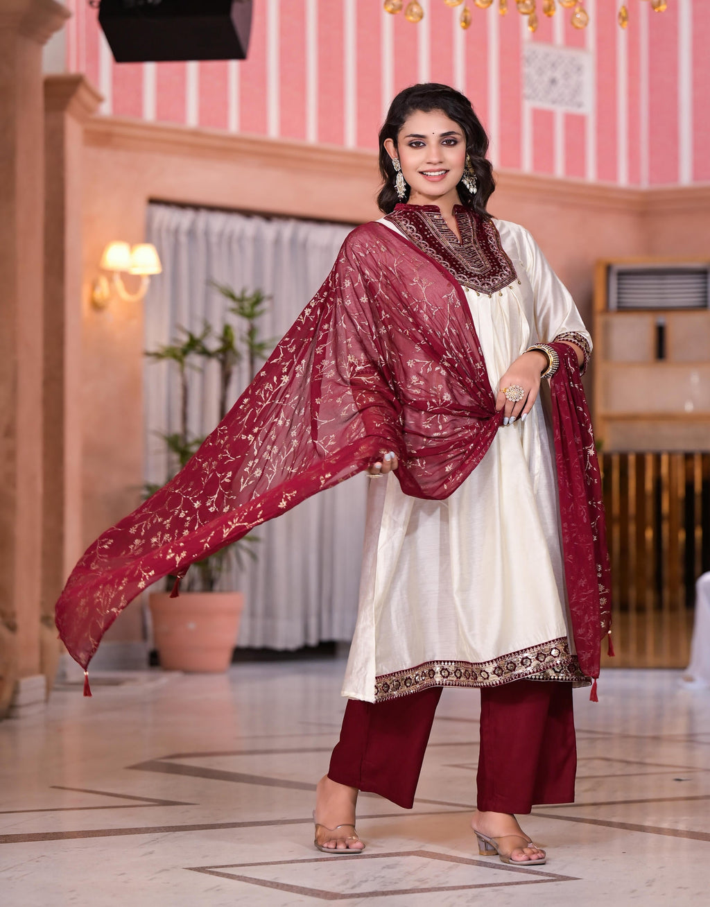 Juniper Women's Ivory Zari Embroidered Chanderi Kurta Set With Sequins & Beads | Grocsy