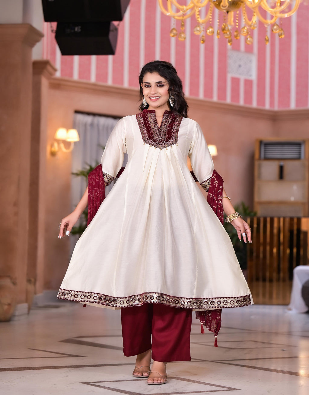 Juniper Women's Ivory Zari Embroidered Chanderi Kurta Set With Sequins & Beads | Grocsy