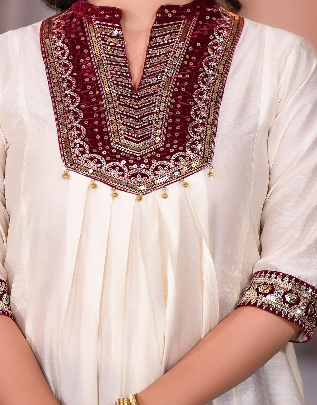 Juniper Women's Ivory Zari Embroidered Chanderi Kurta Set With Sequins & Beads | Grocsy