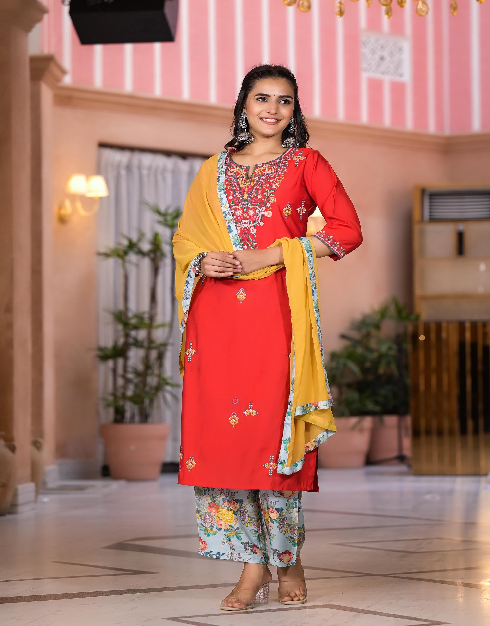 Juniper Women's Multi Color Floral Printed Viscose Kurta Set With Mirror & Thread Work | Grocsy