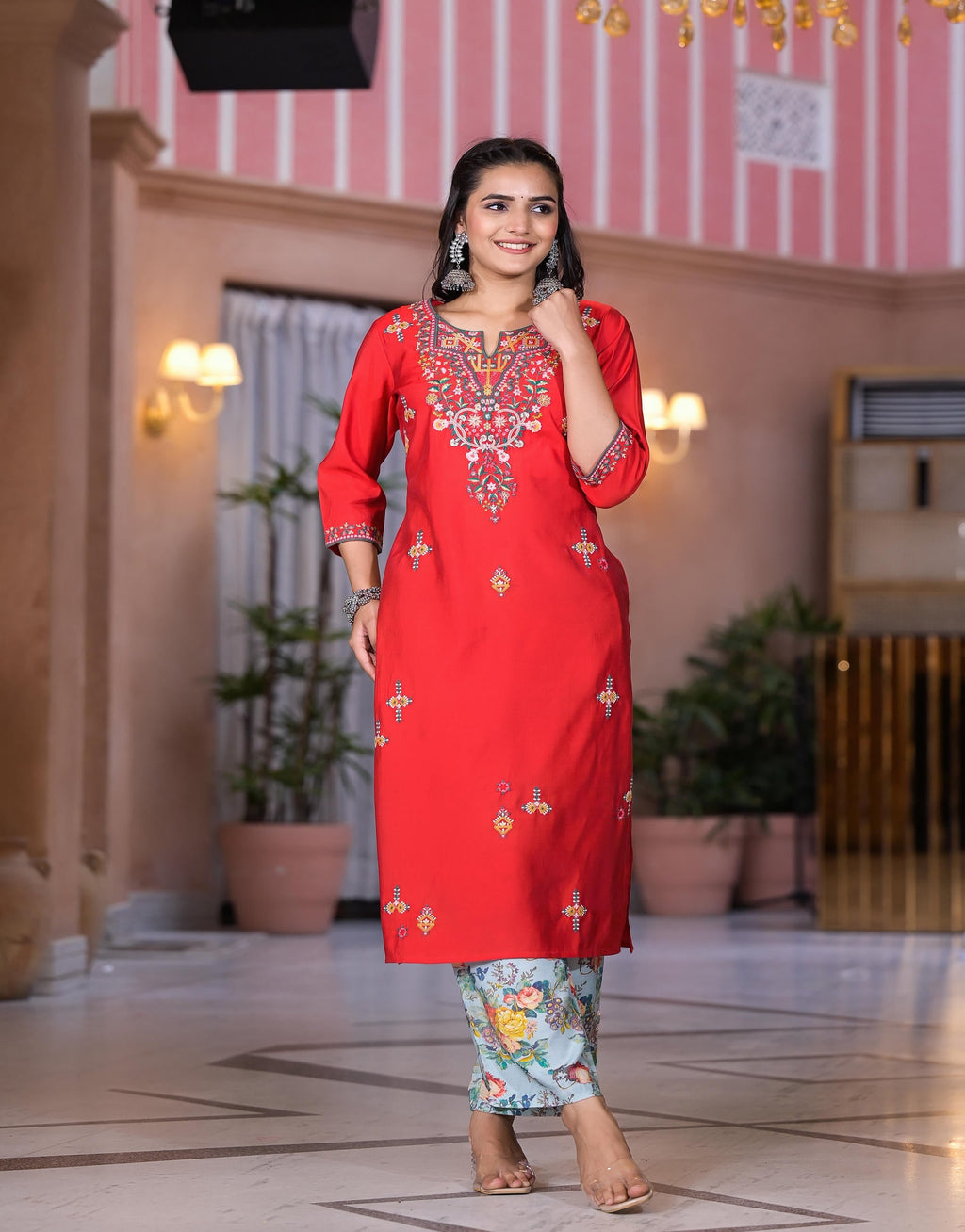 Juniper Women's Multi Color Floral Printed Viscose Kurta Set With Mirror & Thread Work | Grocsy