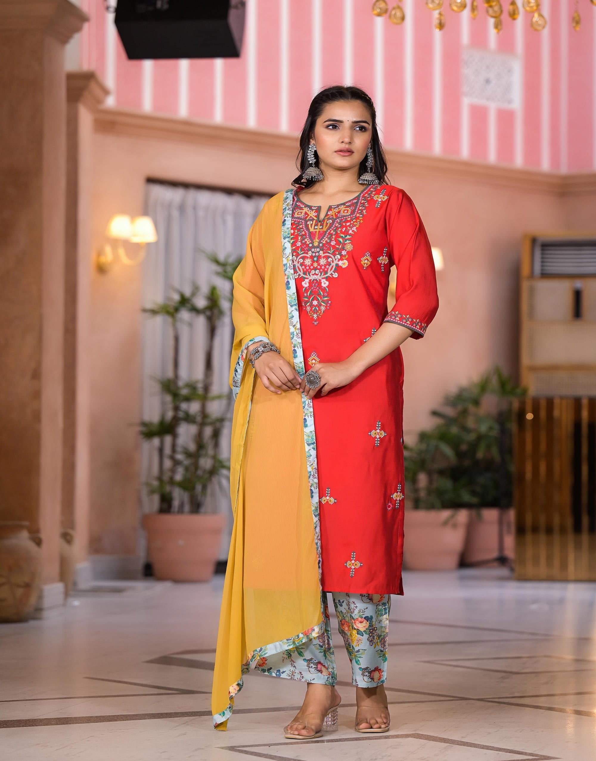 Juniper Women's Multi Color Floral Printed Viscose Kurta Set With Mirror & Thread Work | Grocsy