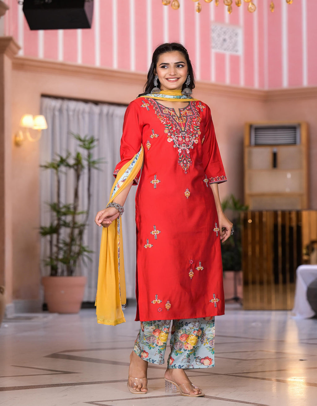 Juniper Women's Multi Color Floral Printed Viscose Kurta Set With Mirror & Thread Work | Grocsy